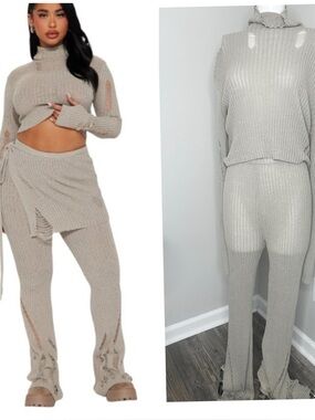 Fashion Nova Taupe Ribbed distressed Pants &  Top Set- NWT-1X